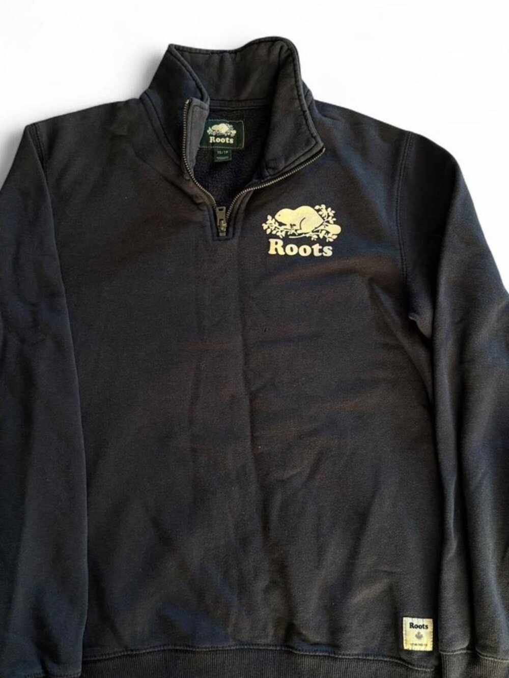 Roots Canada 1/4 Zip Sweatshirt Men's XS/TP Navy Beaver Logo Pullover Sweater